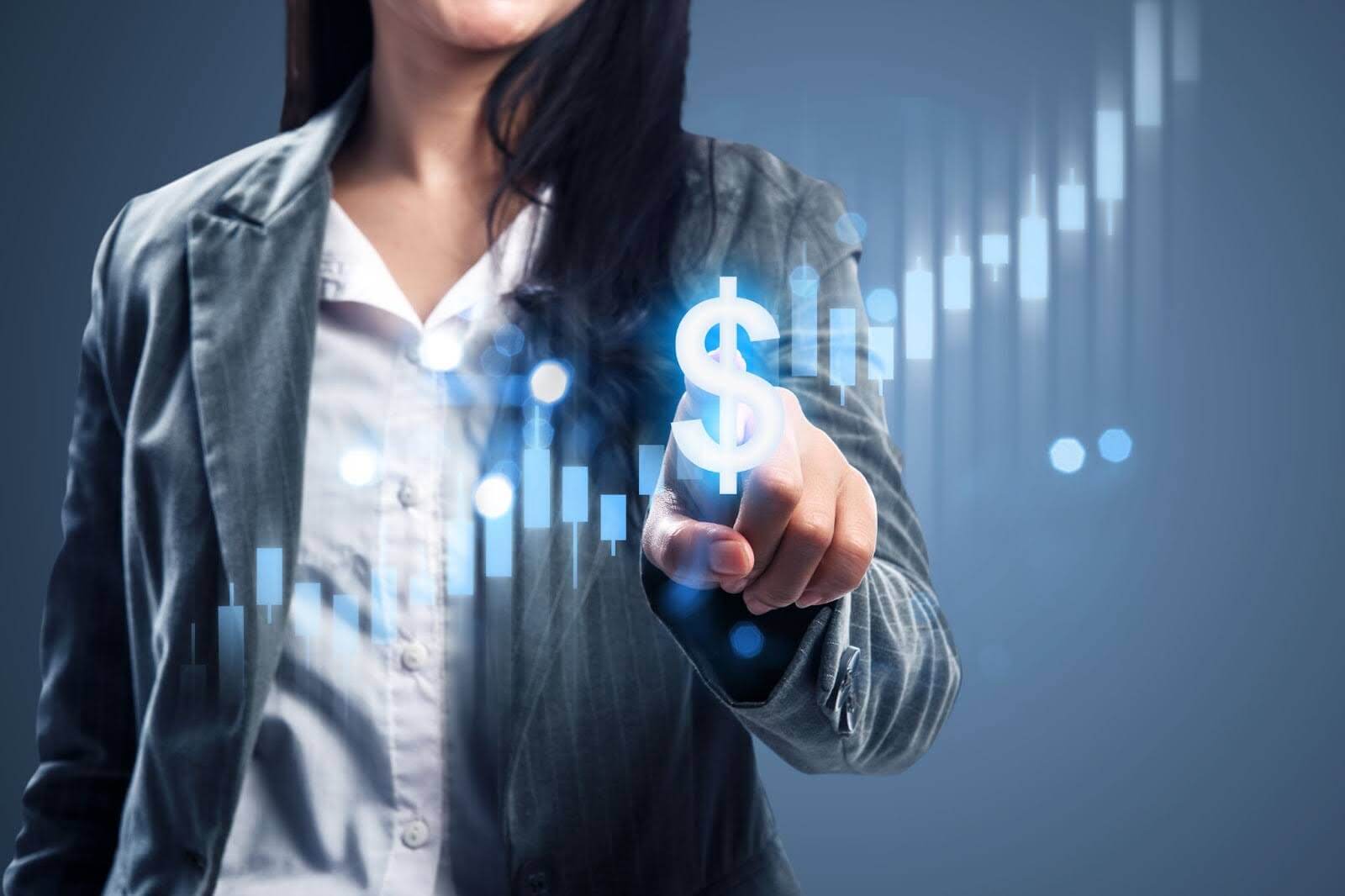 Businesswoman pointing at dollar sign representing smart financial strategies for foreign real estate investors.